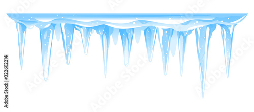 Cuadros en Lienzo Blue frozen icicle cluster hanging down from snow-covered ice surface, big quali