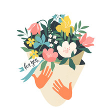 Hands Holding Bouquet Of Flowers With A Note For You. Vector Design Concept For Valentines Day And Other Users. Vector Illustration.