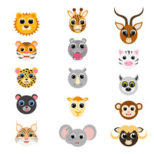 Funny Cute African Animal Heads. Cartoon Characters. Flat Vector Stock Illustration On White Background.