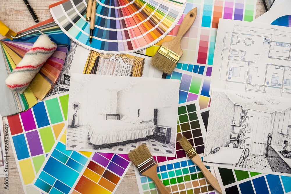 Interior design concept - apartment sketch with color palette and tools. - obrazy, fototapety, plakaty 