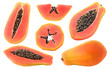 Isolated cut papaya. Collection of whole papaya fruits and pieces of various shapes isolated on white background with clipping path
