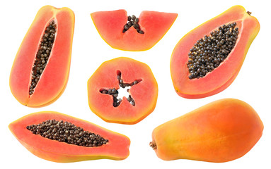Leinwandbilder - Isolated cut papaya. Collection of whole papaya fruits and pieces of various shapes isolated on white background with clipping path