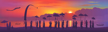 Traditional Balinese Religious Ceremony, People With Umbrellas Silhouettes On Colorful Sunset Background. Vector Horizontal Banner Illustration