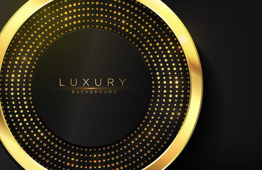 Luxury elegant background with shiny gold circle element and dots particle on dark black metal surface. Elegant cover template