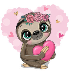 Canvas Print - Cartoon Sloth with a heart on an heart backgrouns