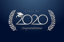 Class Of 2020 Year Graduation Banner, Awards Concept. Shining Metal Sign, Happy Holiday Invitation Card, Silver Gradient. Isolated Abstract Graphic Design Template. Calligraphic Text, Dark Background.