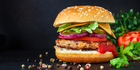 burger, meat cutlet beef steak, tomato, sauce and lettuce (tasty meat snack sandwich) menu concept. food background. top view. copy space