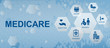 Medicare concept banner with icons and aspects. Healthcare and nsurance, availability, clinic, doctor, cost, medicine and emergency. Modern infographics with icons. Vector Medicare illustration 