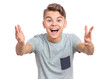 © valiza14 - Portrait of joyful teen boy with raised hands. Handsome caucasian teenager laughing and screaming isolated on white background. Happy child exclaiming with joy and excitement, looking at camera.