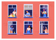 Apartment building with people in open window spaces. Neighbors drinking coffee, talking, using cell. Vector illustration for block of flat, condo, neighborhood, community, house friendship concept