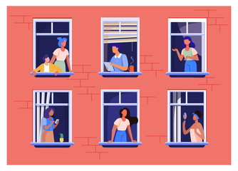 Wall Mural - Apartment building with people in open window spaces. Neighbors drinking coffee, talking, using cell. Vector illustration for block of flat, condo, neighborhood, community, house friendship concept