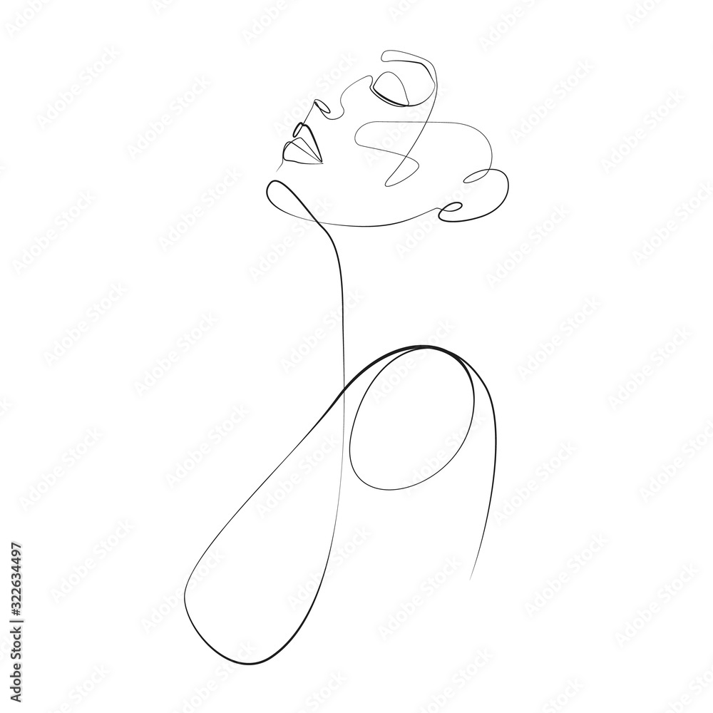 Side view of a young nude woman one line drawing on white isolated background. Vector illustration   - obrazy, fototapety, plakaty 