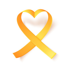 Wall Mural - Realistic gold ribbon heart shaped. World childhood cancer symbol 15th of february, vector illustration. Template for poster for cancer awareness month in september.