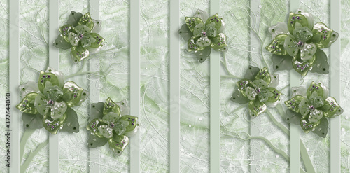 Naklejka na szybę 3d illustration, pale green marble background, vertical stripes, jewelry flowers.