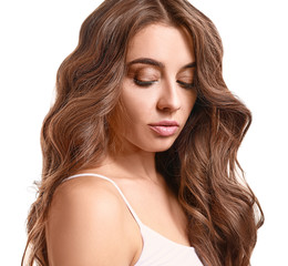 Wall Mural - Beautiful woman with curly hair on white background