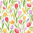 Seamless easter pattern with watercolor flowers and colored eggs is perfect for the design of paper, fabrics, packaging, souvenirs, textiles, gifts and more