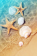 Starfish and seashell on the summer beach in sea water. Summer background.
