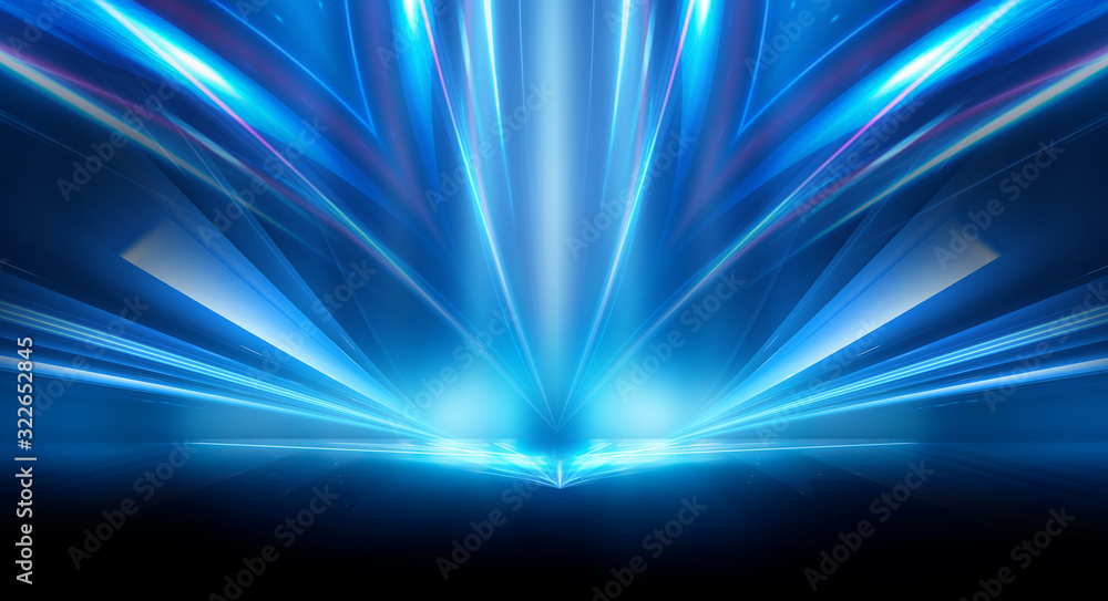Dark background with lines and spotlights, neon light, night view ...