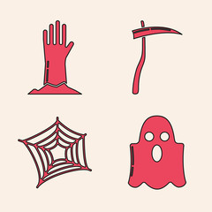 Sticker - Set Ghost , Zombie hand , Scythe and Spider web icon. Vector