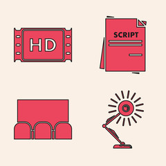 Sticker - Set Table lamp , 4k movie, tape, frame , Scenario and Cinema auditorium with screen and seats icon. Vector