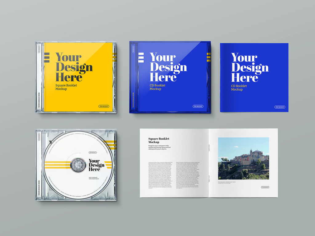 Modelo do Stock: CD/DVD with Case and Square Booklet Mockup