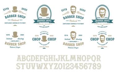 Wall Mural - Barbershop typeface / Retro alphabet in western style / Slab Serif type letters on a grunge background / Handmade Vintage Font for labels and posters. Letters and numbers. Vector Illustration.