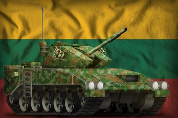 light tank apc with summer camouflage on the Lithuania national flag background. 3d Illustration