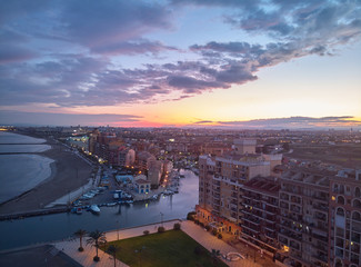 Aerial view of Port Saplaya at sunset. Valencia. Spain