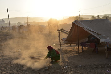 インドのラジャスタン州のプシュカル　一年に一度のラクダ祭期間中　美しい朝日と砂漠に集まるラクダの群れ　テントの前を掃除するラクダ使いの女性