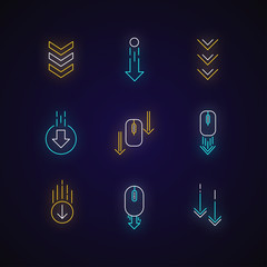 Poster - Scrolling down arrows neon light icons set. Computer mouse and arrowheads in circles buttons. Web cursor. PC elements. Signs with outer glowing effect. Vector isolated RGB color illustrations