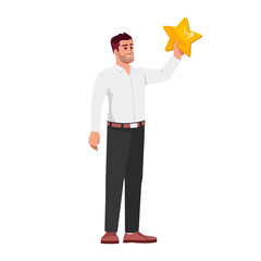 Poster - Ambitious employee semi flat RGB color vector illustration. Happy worker achieving goals isolated cartoon character on white background. Reaching stars concept, personal success metaphor