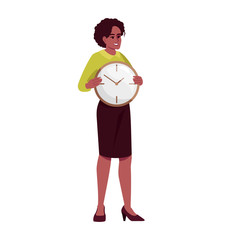 Canvas Print - working hours control semi flat rgb color vector illustration. female employee with clock isolated c