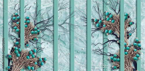 Naklejka na meble 3d wallpaper, turquoise, jewelry, marble background, vertical stripes. 3d illustration