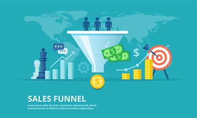 Purchase funnel flat vector illustration. The process of communication and attracting new customers and making a profit business concept. Sales automation tool.