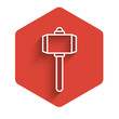White line Battle hammer icon isolated with long shadow. Red hexagon button. Vector Illustration