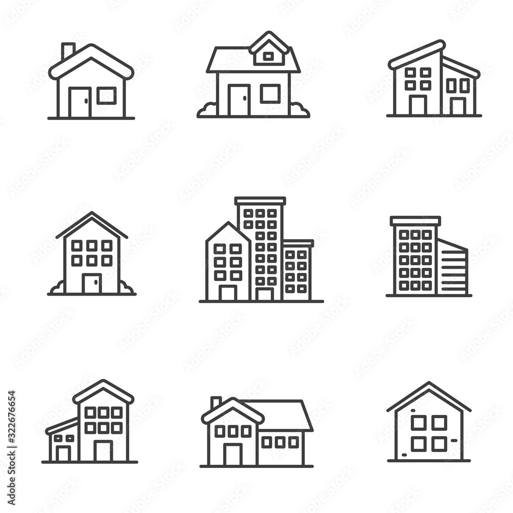 Set of house icons in black line design isolated on white background ...