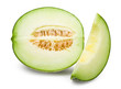 Fresh green melon cut in half with seeds and slice isolated on white background. Melon clipping path.