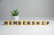 focus on wooden blocks with letters making Membership text. Concept image.