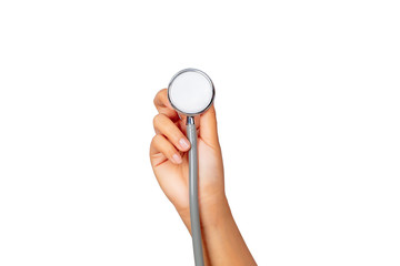 Female hand holding stethoscope isolated on white background, healthcare concept.