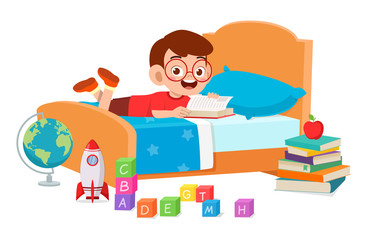 Wall Mural - happy cute little kid boy use tablet in room