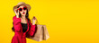 © ChayTee - Banner of Asian trendy shopaholic woman excited about new purchases or sales holding shopping bags and looking to camera over yellow background. Happy Asian customer carrying shopping bags.