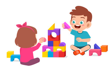 Poster - happy cute little kid boy and girl play together