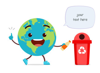 happy cute little earth mascot throw trash