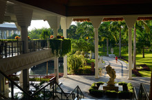 Lobby And Grounds Of A Grand Luxury Resort In Mexico In The Morning