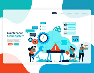 Wall Mural - homepage landing page vector flat illustration of maintenance cloud system. repair and maintenance of storage technology. security system in digital backup database. web, flyer, website, mobile apps