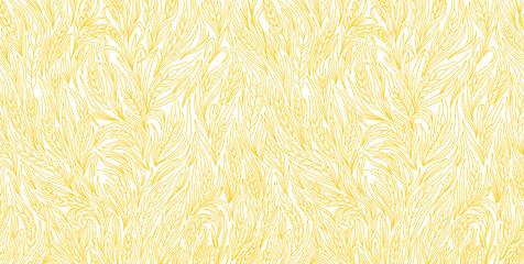 Cereal plant background. Leaves and ears of wheat wrapper. Agriculture straw. Orange golden contour line vector banner.