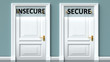 Insecure and secure as a choice - pictured as words Insecure, secure on doors to show that Insecure and secure are opposite options while making decision, 3d illustration