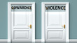 Cowardice and violence as a choice - pictured as words Cowardice, violence on doors to show that Cowardice and violence are opposite options while making decision, 3d illustration