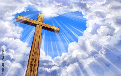 Fotografía Christian cross on the background of the sky with clouds in the shape of a heart