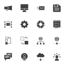 Business Data Vector Icons Set, Modern Solid Symbol Collection, SEO Database Filled Style Pictogram Pack. Signs, Logo Illustration. Set Includes Icons As Network Connection Security, Database Server